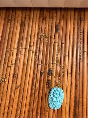 Gold Chain Necklace with Vintage Turquoise Floral Pendant